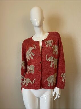 90s Vintage Orvis Rust Cardigan Sweater with Beige Elephant Motif